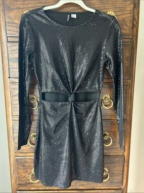 H&M Black Long-Sleeve Sequin Dress with Twist Cutout